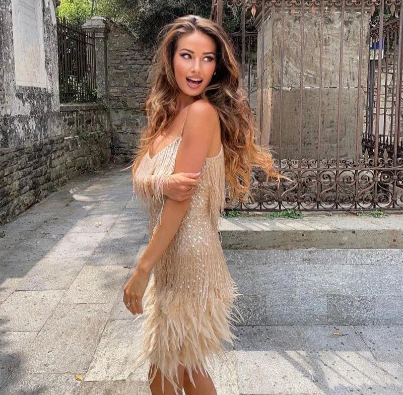 Gabrielle | Robe mini à franges en plumes pour femme