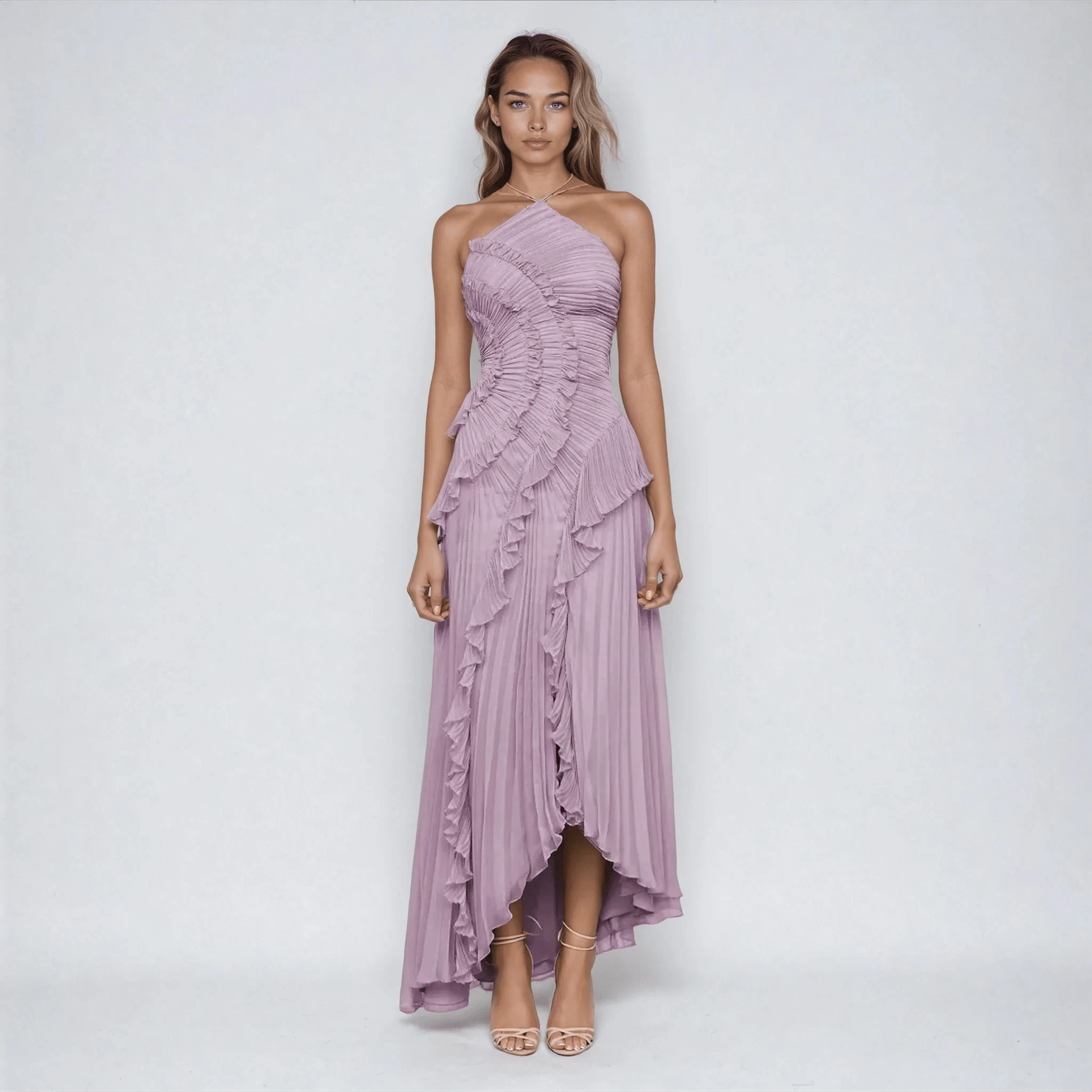 Halter Backless Ruffle Trim Irregular Hem Pleated Slim Maxi Dresses-Purple Purple-S
