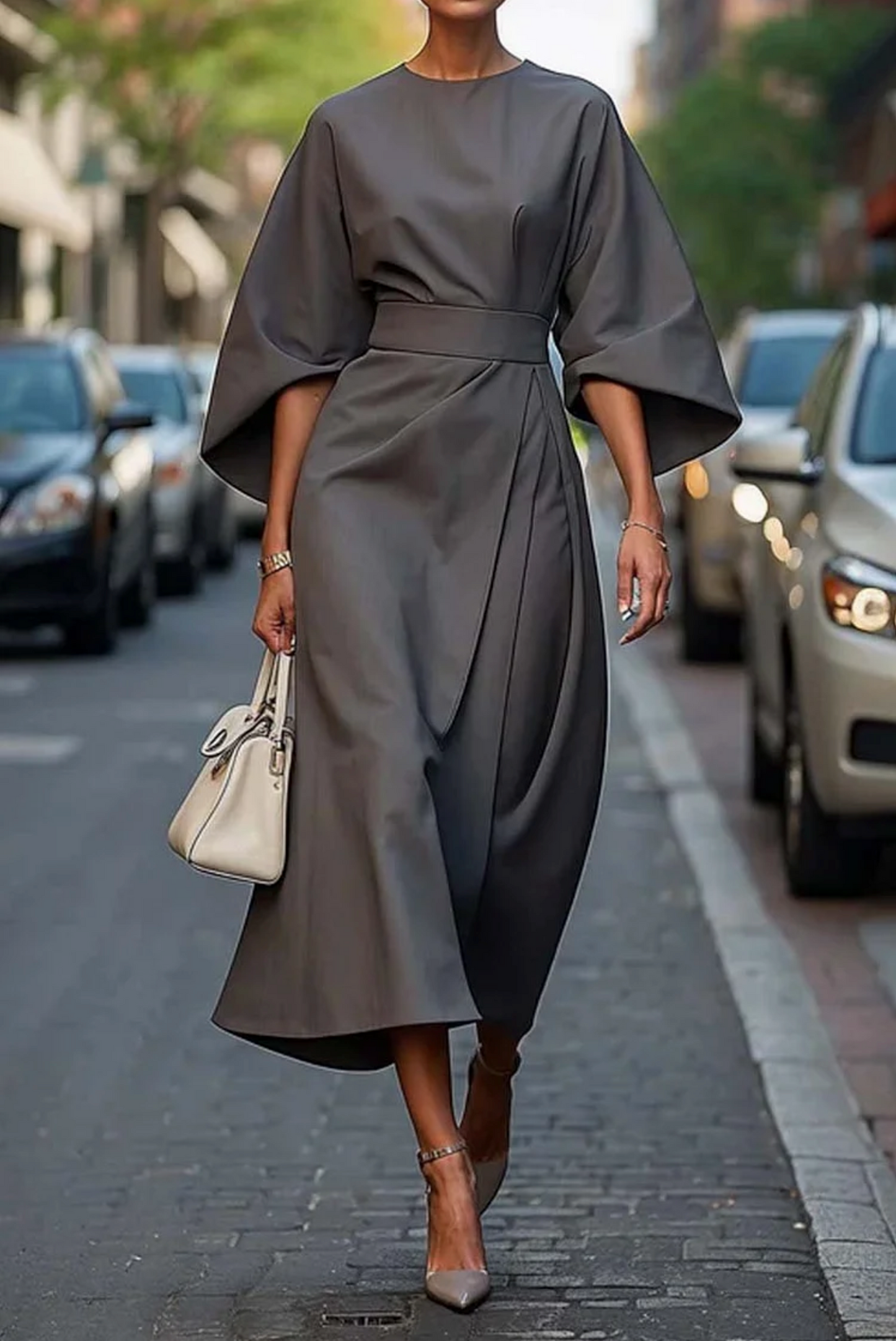 Grace | Robe élégante à manches lanternes ceinturée pour femmes
