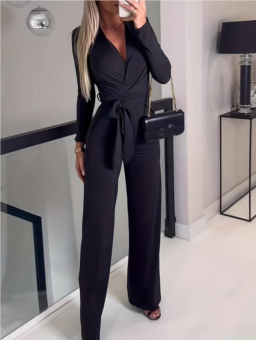 Jennive | Women’s Wrap V-Neck Wide-Leg Jumpsuit