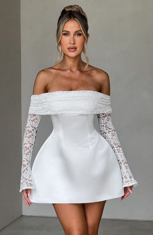 Mango | Women’s Short Lace Sleeve Off-Shoulder Dress