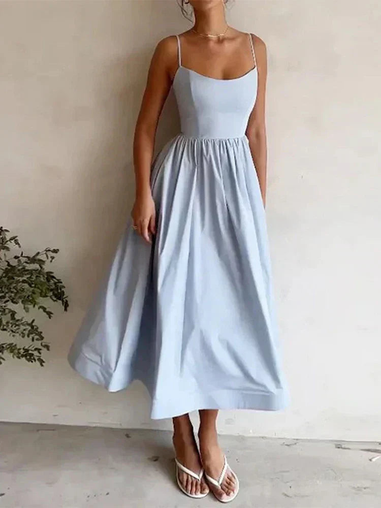 Rosalie | Pastel Pink Midi Dress with Spaghetti Straps