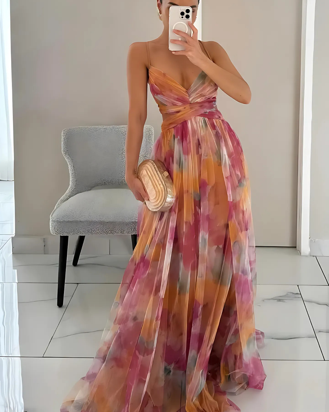 Rosina | Robe maxi élégante florale avec bretelles spaghetti pour femmes