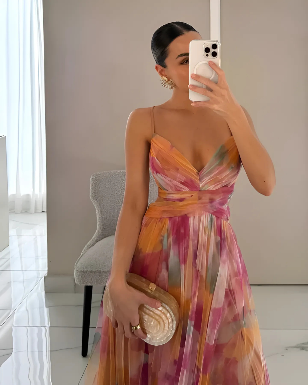 Rosina | Robe maxi élégante florale avec bretelles spaghetti pour femmes