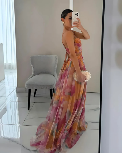 Rosina | Robe maxi élégante florale avec bretelles spaghetti pour femmes