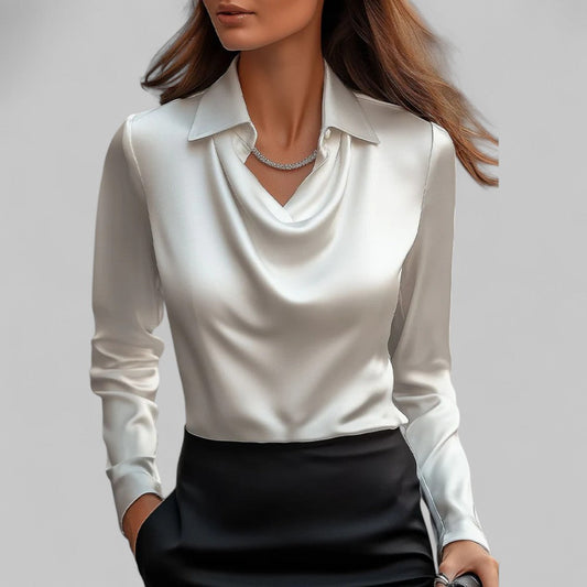 Rosita | Women’s Draped Neck Long Sleeve Satin Blouse