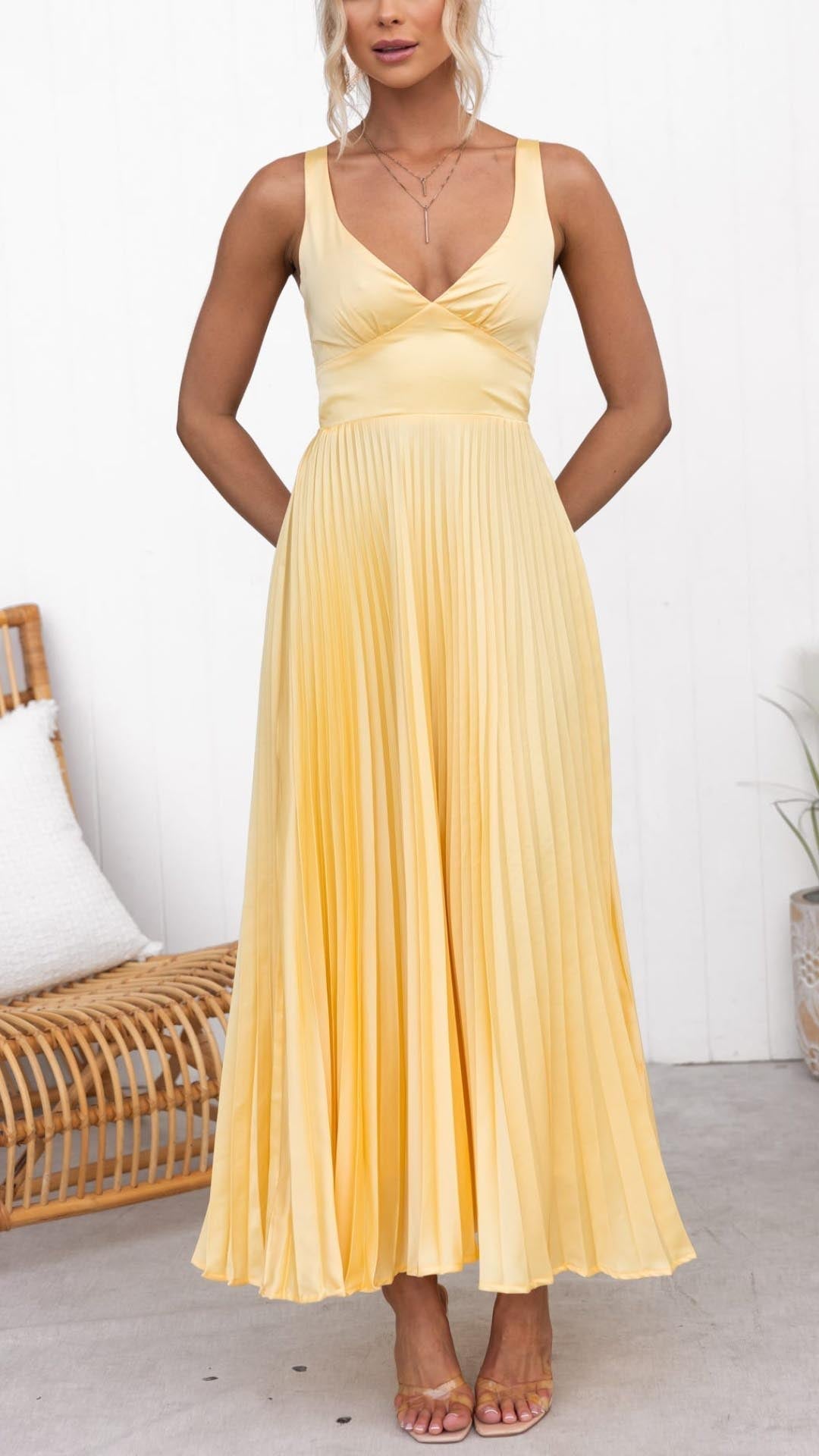 Solaria | Robe midi plissée en jaune soleil pour femmes
