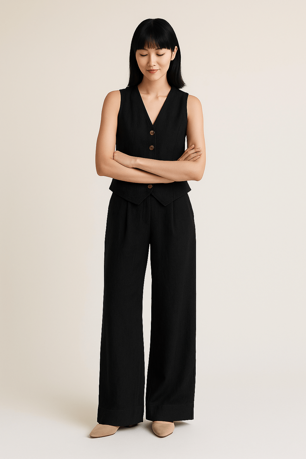 Yveline | Ensemble gilet en lin et pantalons à jambes larges pour femmes