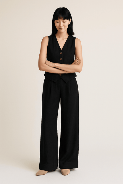 Yveline | Ensemble gilet en lin et pantalons à jambes larges pour femmes