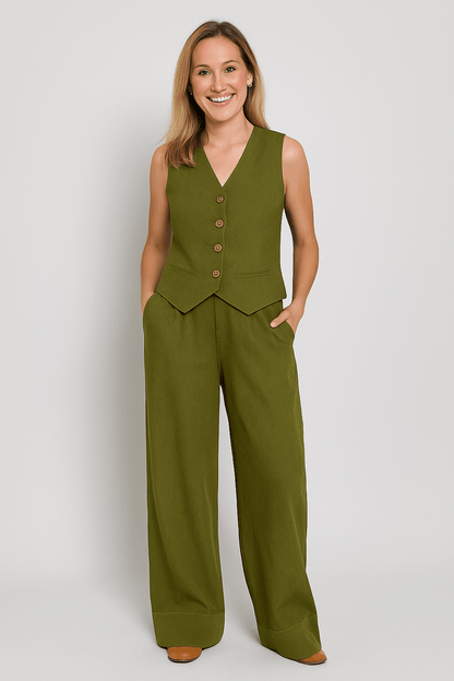 Yveline | Ensemble gilet en lin et pantalons à jambes larges pour femmes