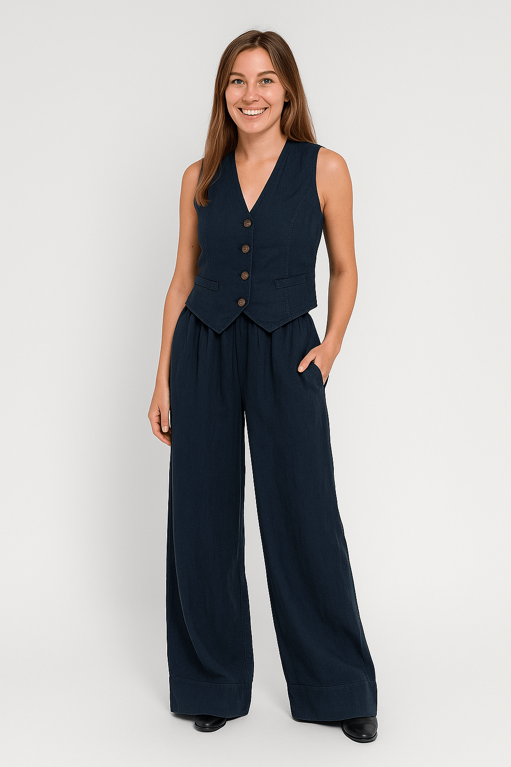 Yveline | Ensemble gilet en lin et pantalons à jambes larges pour femmes