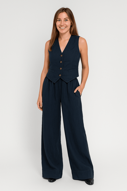 Yveline | Ensemble gilet en lin et pantalons à jambes larges pour femmes