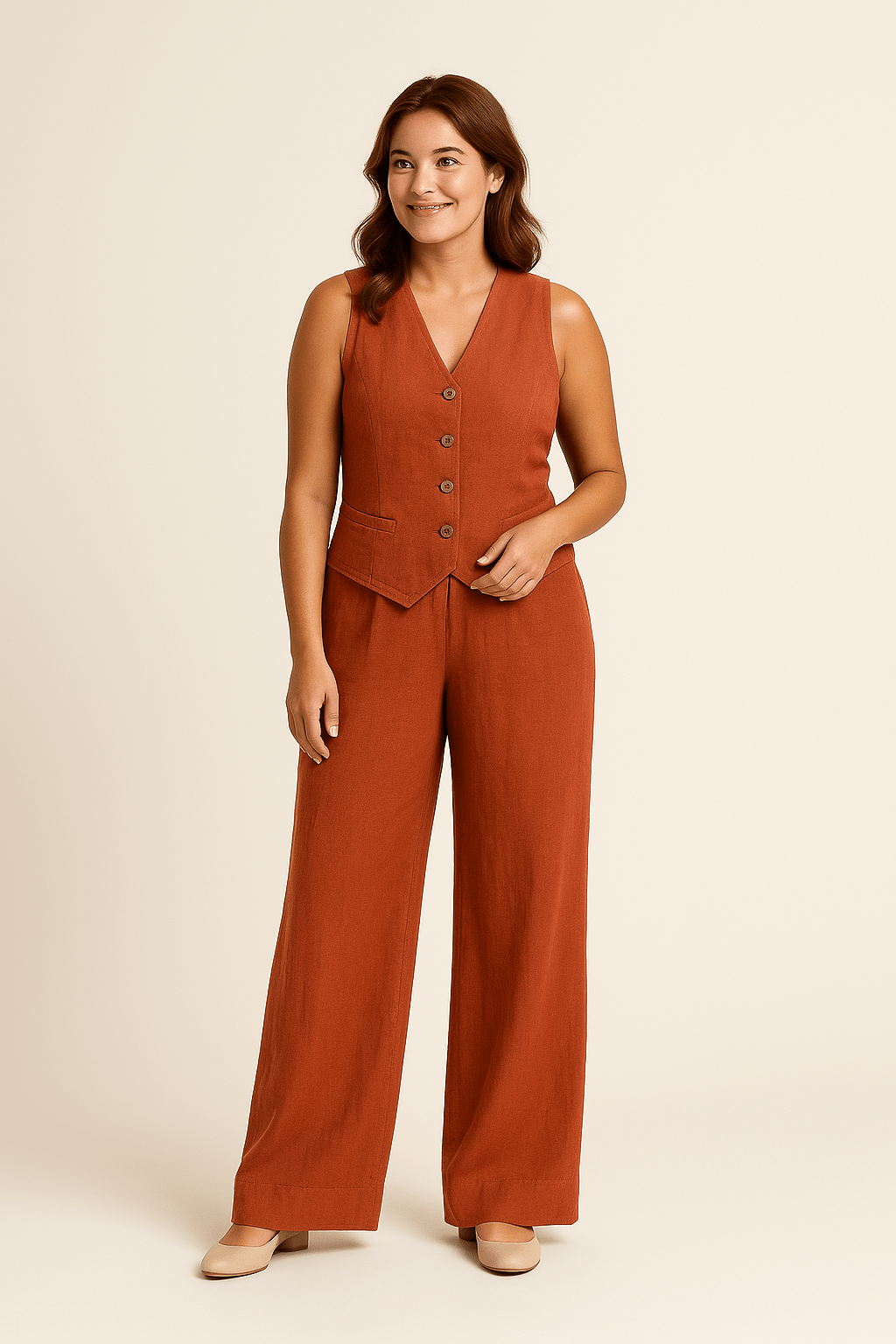 Yveline | Ensemble gilet en lin et pantalons à jambes larges pour femmes