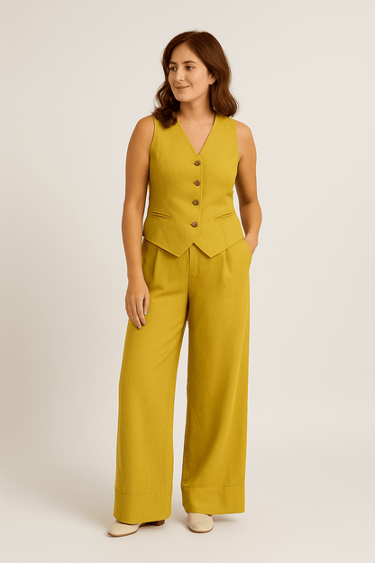 Yveline | Ensemble gilet en lin et pantalons à jambes larges pour femmes
