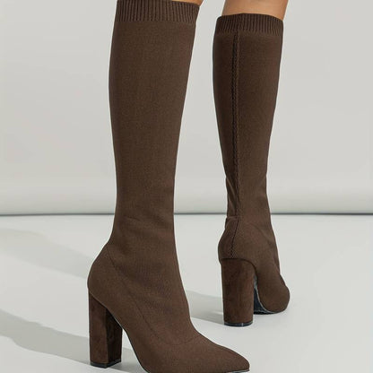 Haskella | Women’s Knee‑High Sock Boots – Stretch Knit & Block Heel