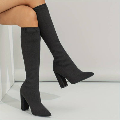 Haskella | Women’s Knee‑High Sock Boots – Stretch Knit & Block Heel