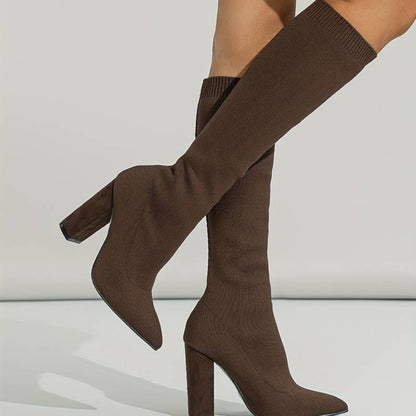 Haskella | Women’s Knee‑High Sock Boots – Stretch Knit & Block Heel