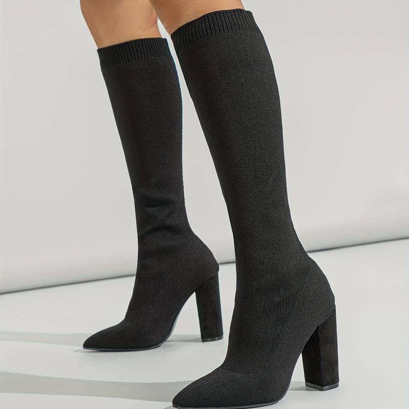 Haskella | Women’s Knee‑High Sock Boots – Stretch Knit & Block Heel