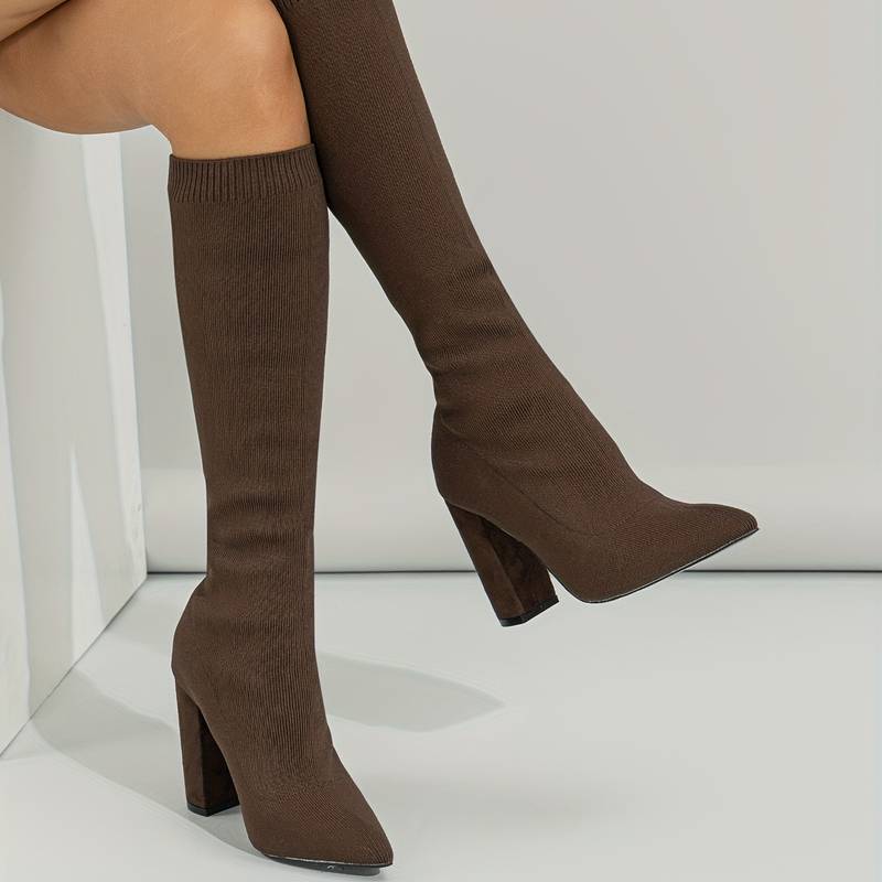Haskella | Women’s Knee‑High Sock Boots – Stretch Knit & Block Heel